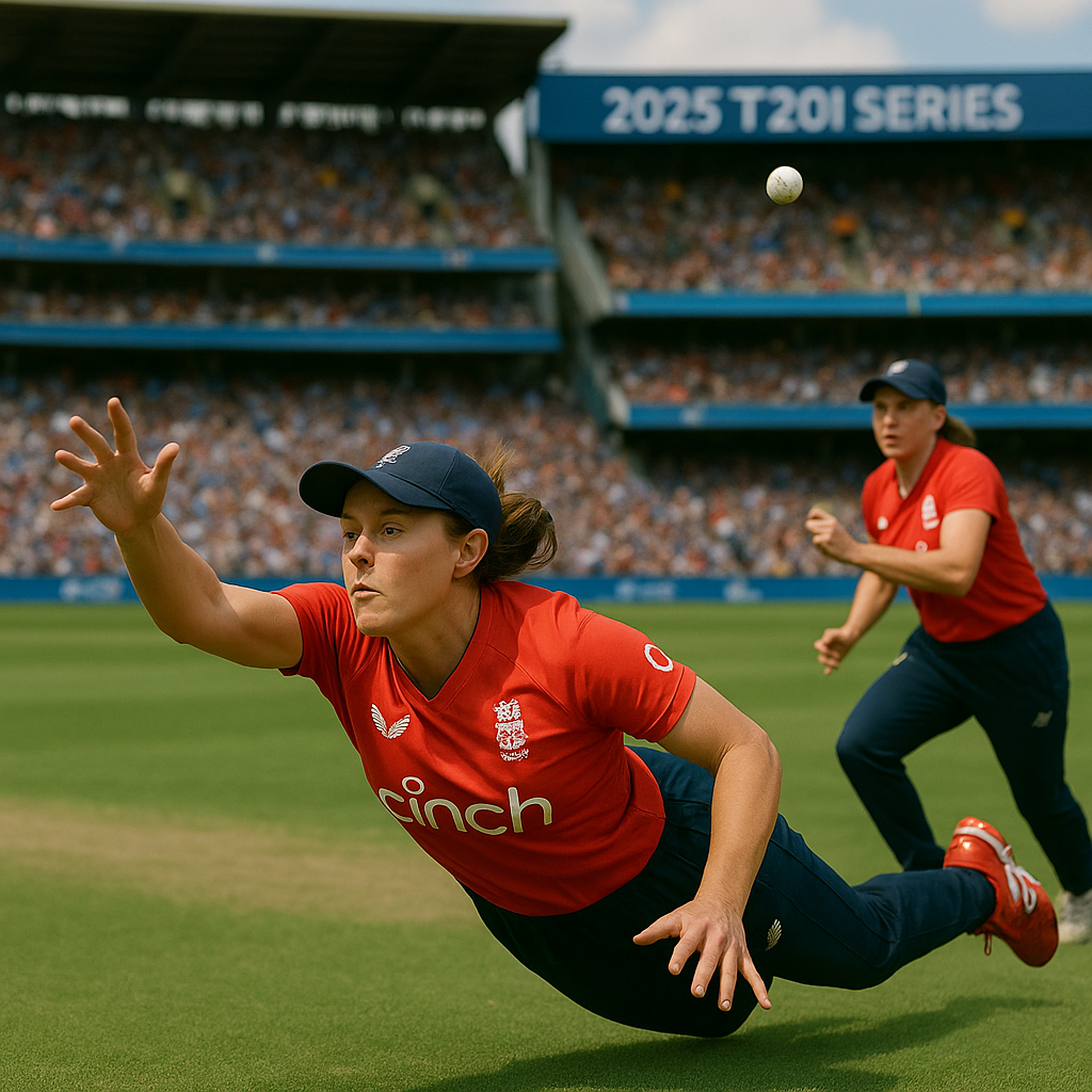 England women's cricket team fielding, players in red kits diving and throwing the ball, 2025 T20I series