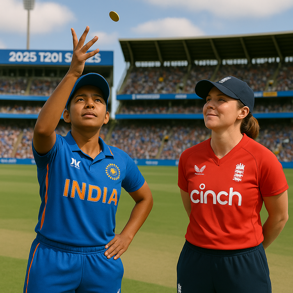 India and England women's cricket captains at the toss, 2025 T20I series, stadium background