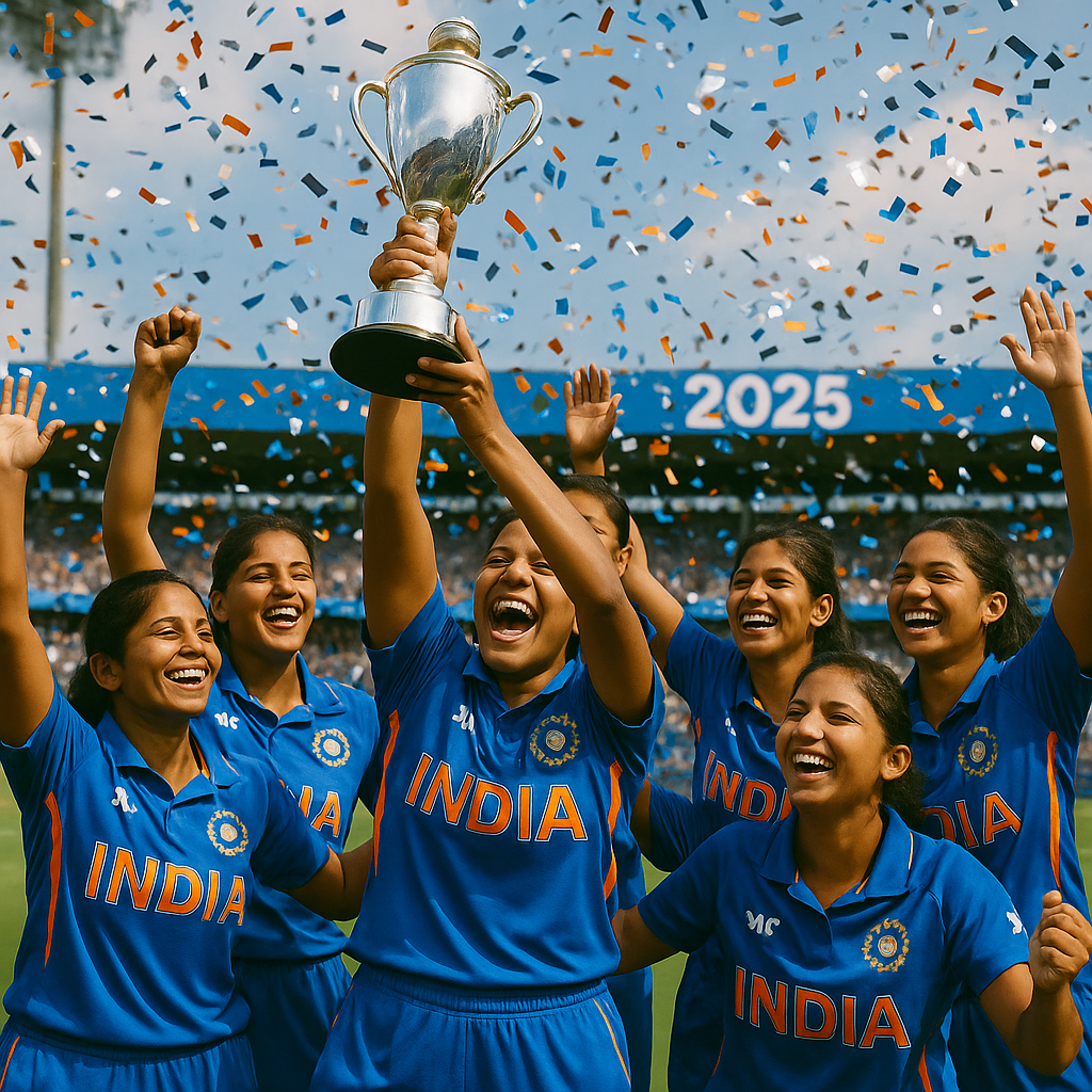 Indian women's cricket team celebrating with trophy, confetti in air, 2025 T20I series